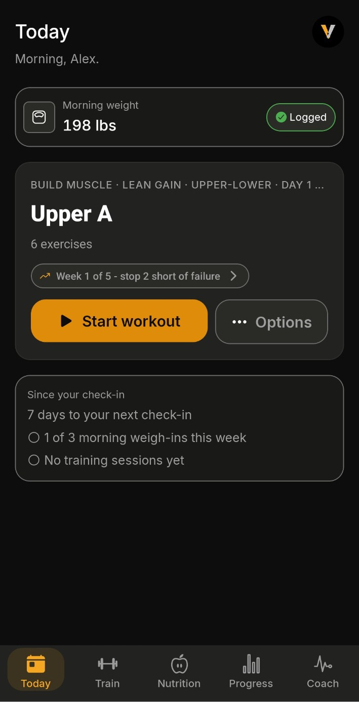 Volyume Today screen showing morning weight, the next workout and check-in readiness, on a demo account