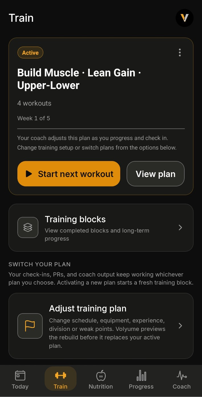 Training plan screen showing the active block, next workout and adjustable setup