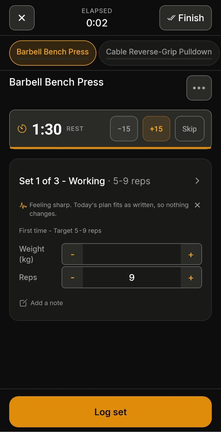Active workout screen with rest timer, set target and logging control