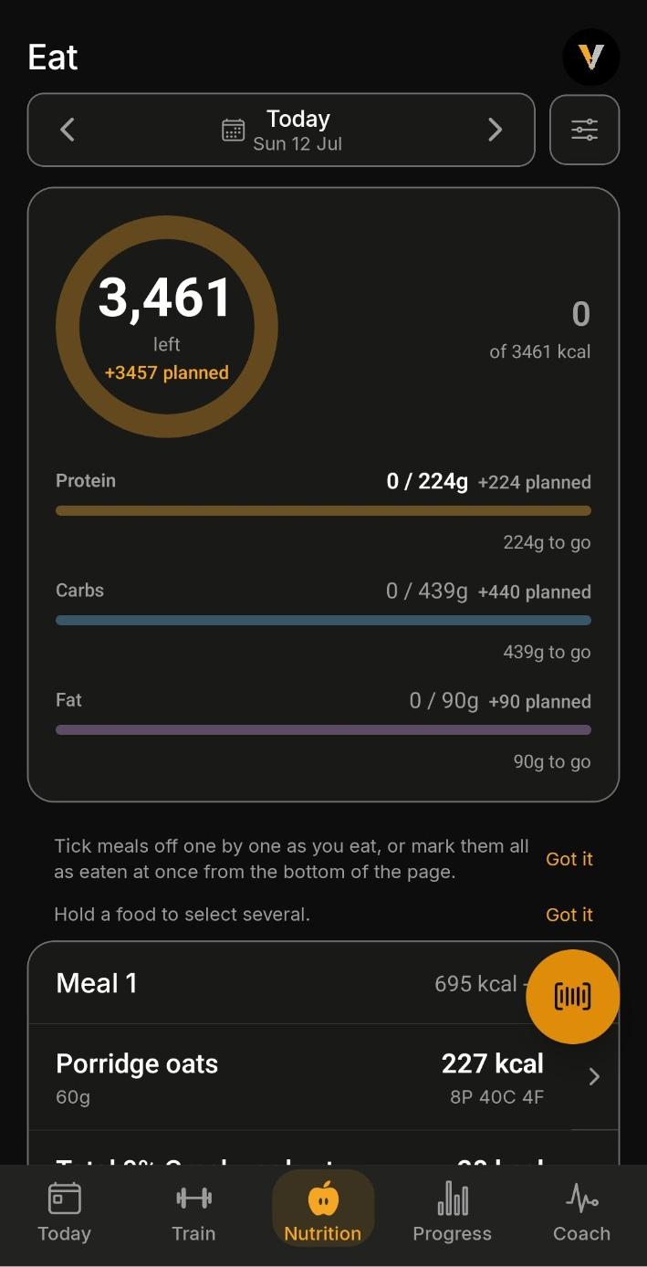 Nutrition diary screen showing calories and macros against planned meals